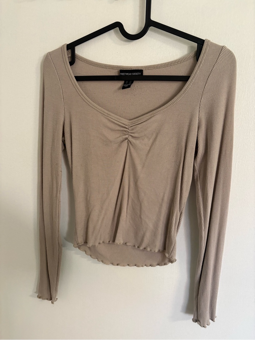 Streetwear Society Beige Ribbed Long Sleeve Scoop Top